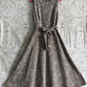 Calvin Klein Brown and Cream Tweed Midi Dress with Self-Tie Waist